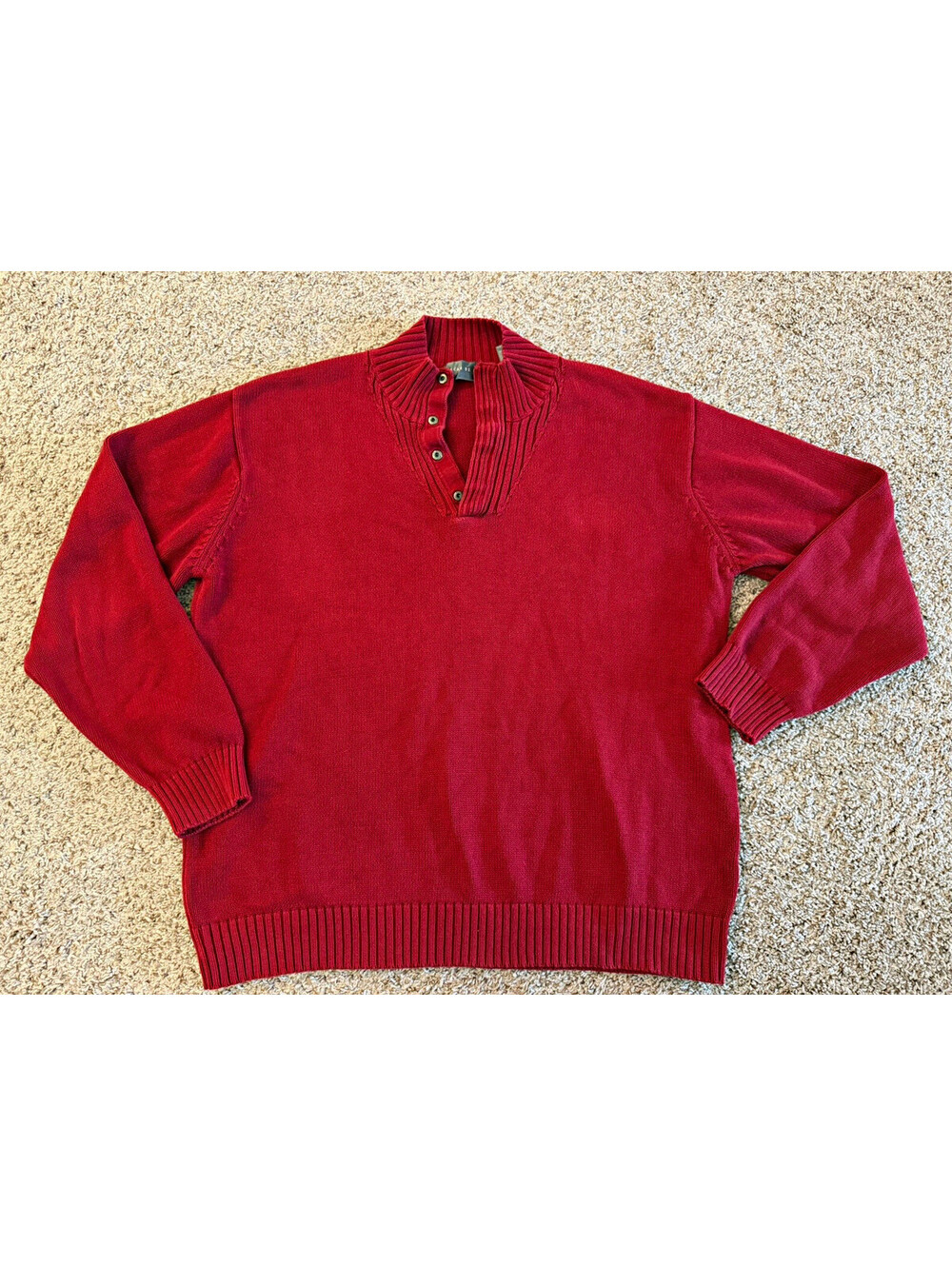 Oscar de la Renta Red Cotton Knit Sweater Snap Mock Neck Ribbed Size XXL Luxury